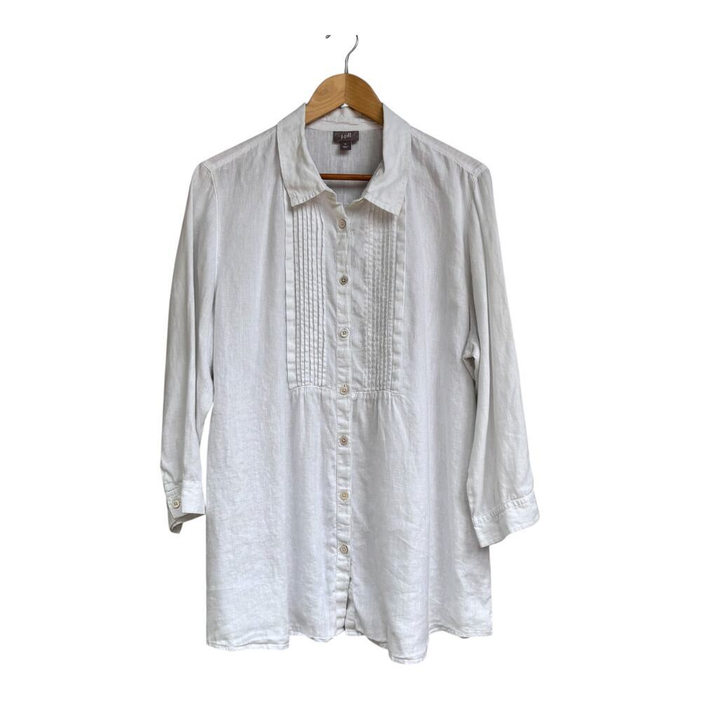 J. Jill White 100% Linen Shirt Size XL Button Down Pleated Bib